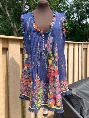 Paths of the Spirit 100% Cotton Boho Floral Sleeveless Tunic Top Size M/L India
